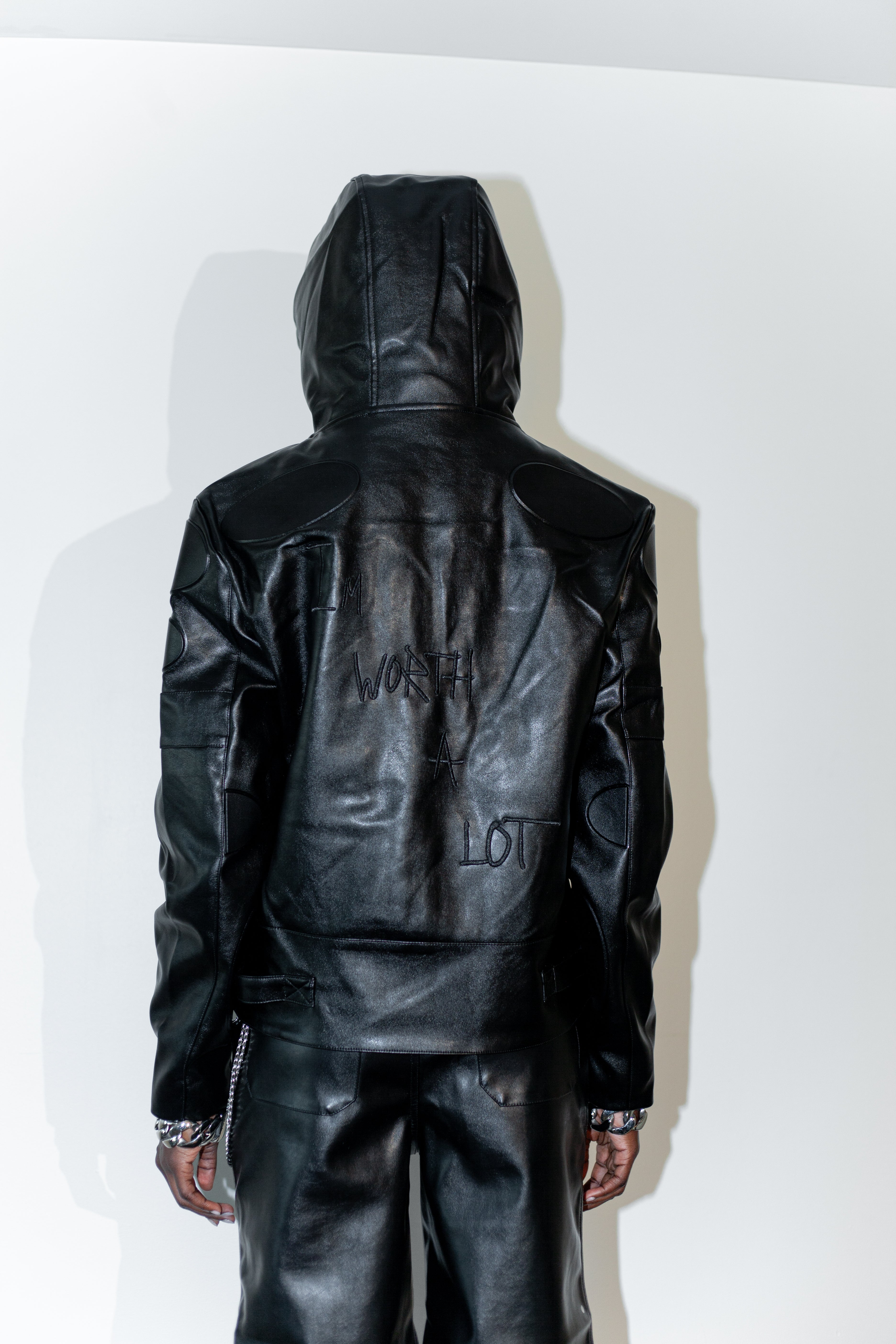 Black Leather Jacket – "I’m Worth A Lot," (Hood)