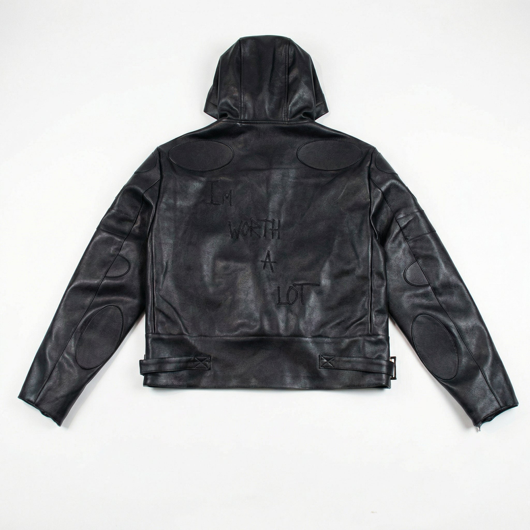Black Leather Jacket – "I’m Worth A Lot," (Hood)