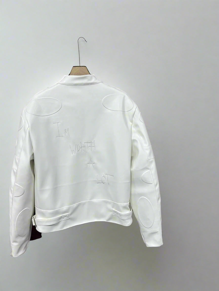 White Leather Jacket – "I’m Worth A Lot,"