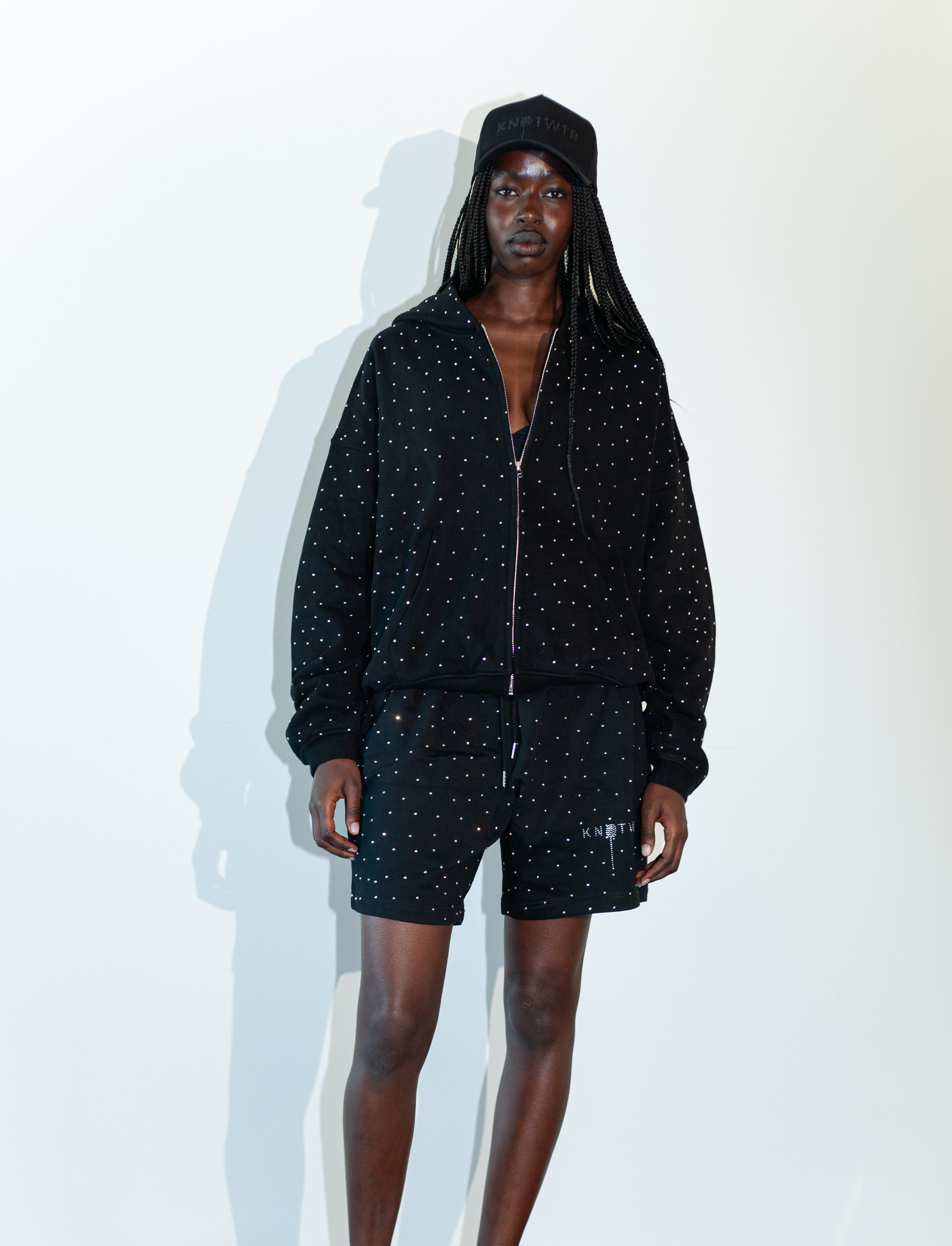 Black Rhinestone Zip-Up Hoodie