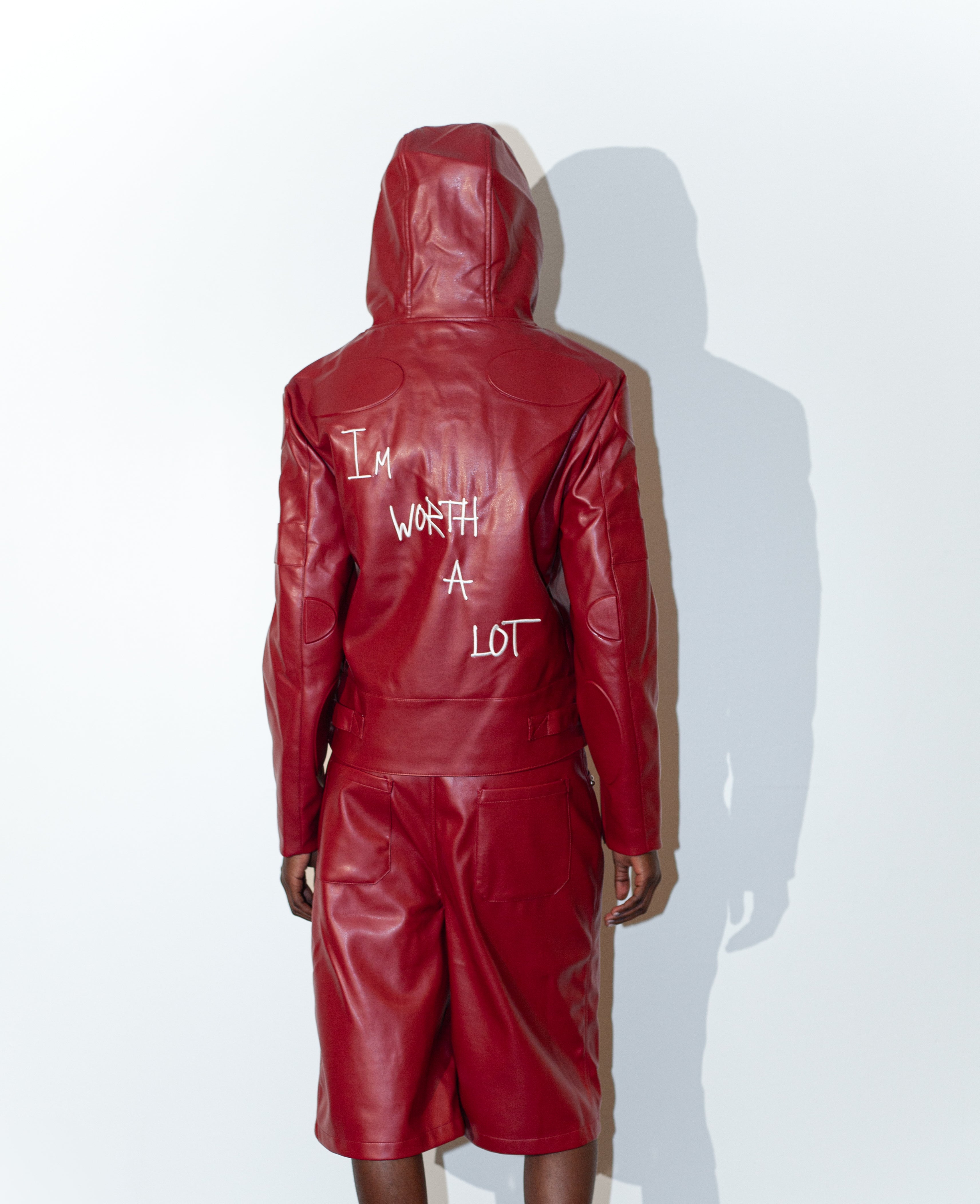 Maroon Leather Jacket "I’m Worth A Lot" (Hood)