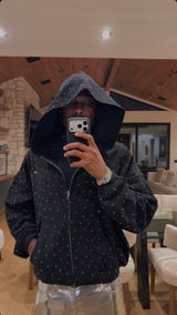 Black Rhinestone Zip-Up Hoodie