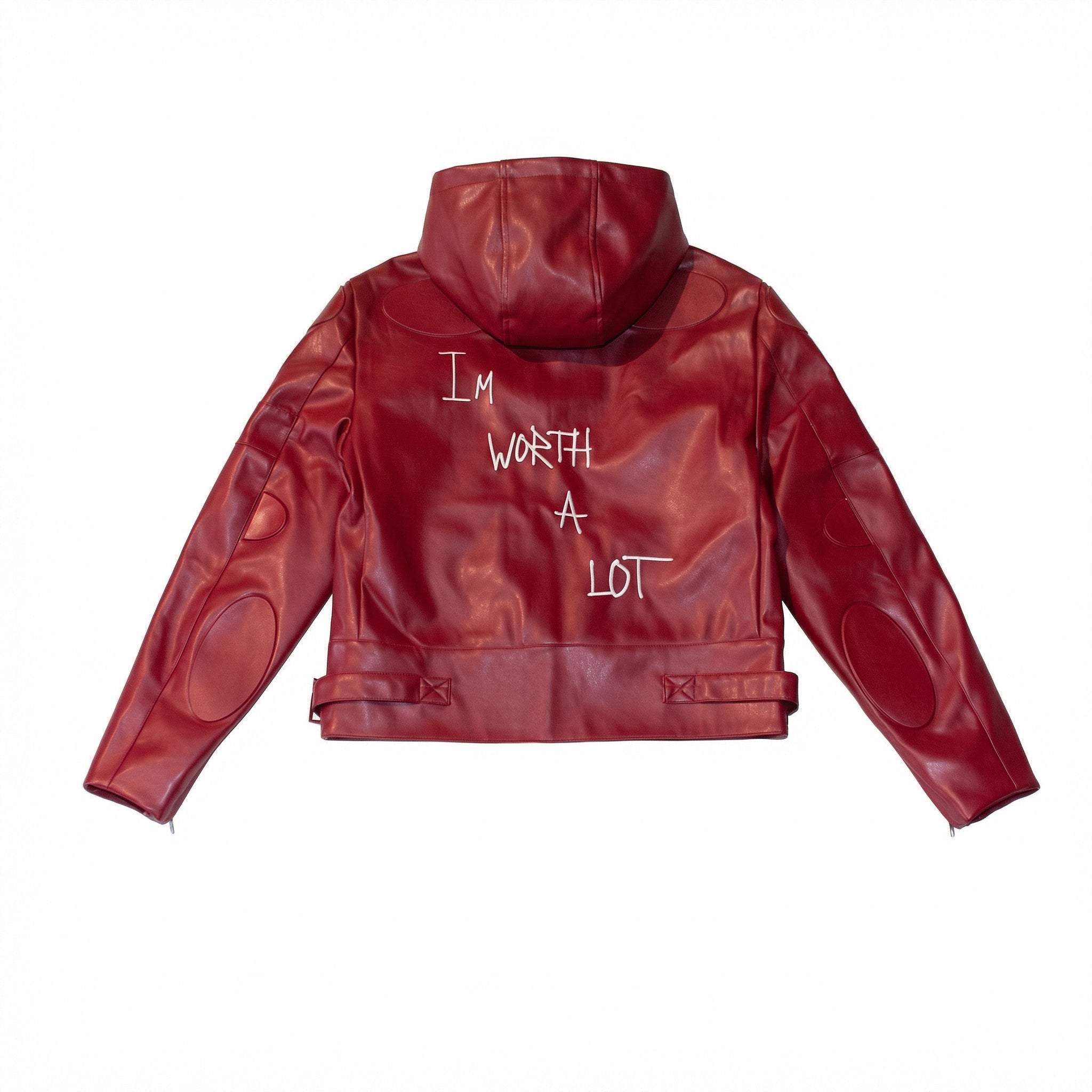 Maroon Leather Jacket "I’m Worth A Lot" (Hood)